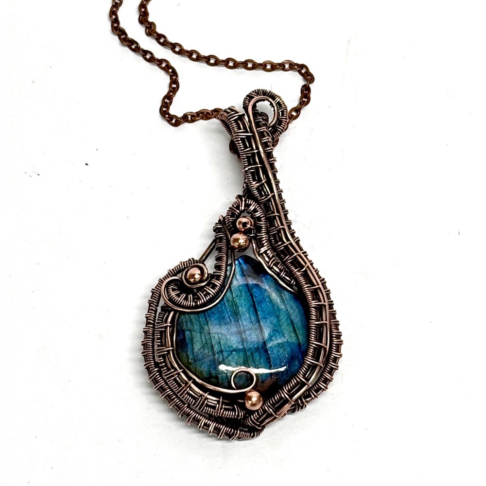 HAND CRAFTED Labradorite Wire Wrapped Copper Heady Statement Pendant Necklace - Picture 6 of 10